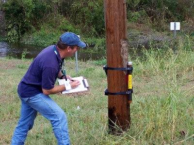 Figure 4. Pressure sensor strapped to a power pole at site LC4 near Vinton, La.
