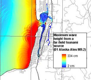 maximum tsunami wave height modeled  from a magnitude 9.2 Alaskan-Aleutian earthquake