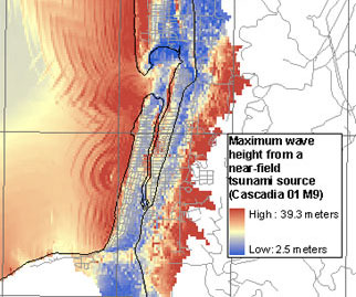 maximum tsunami wave height modeled  from a magnitude 9 Cascadia earthquake