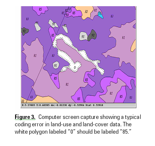 Figure 3. Computer screen capture showing a typical coding error in land-use and land-cover data. The white polygon labeled "0" should be labeled "85."
