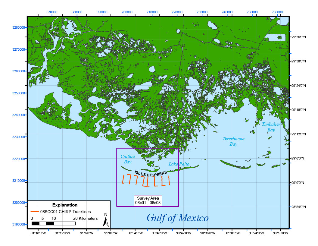 Location map of all digital Chirp seismic reflection data collected during USGS Cruise 06SCC01. This map was created at a scale of 1:522,159. Refer to the Lineage section below for the trackline map creation process.