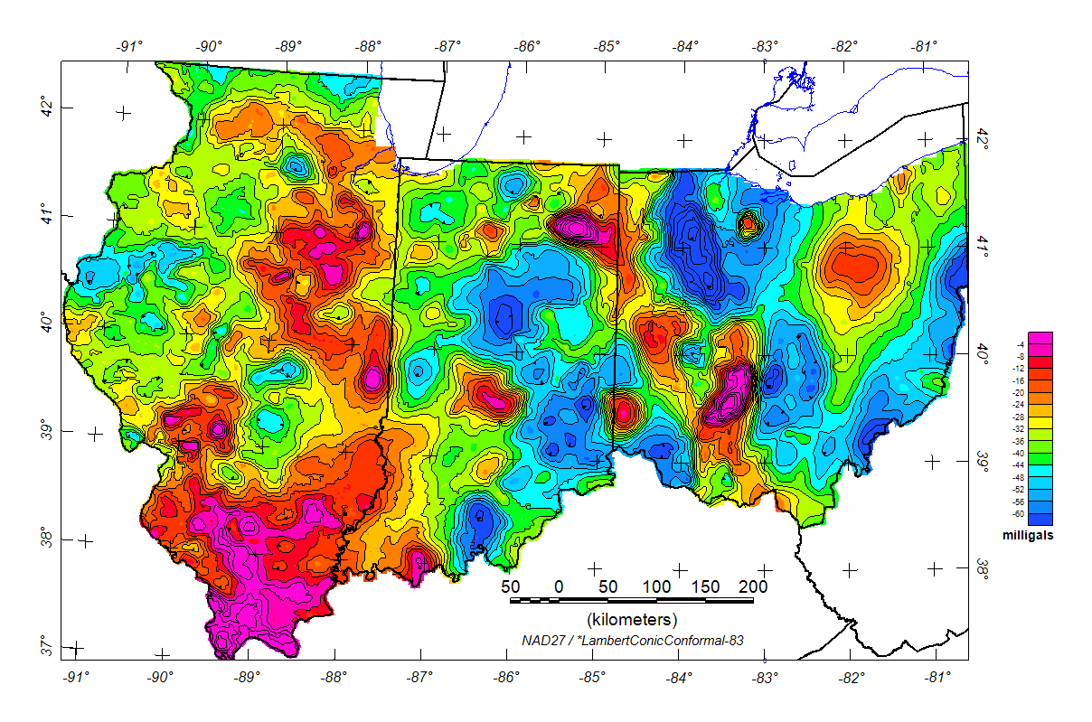 Illinois, Indiana, and Ohio Complete Bouguer Gravity Anomaly Map