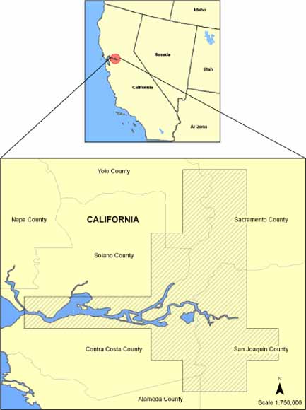 map showing that the study area is east of San Francisco.  It runs from north of Sacramento to south of Stockton