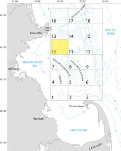 A map showing the location of Quadrangle 10 in the Stellwagen Bank National Marine Sanctuary