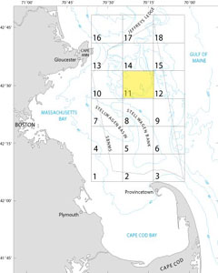 A map showing the location of Quadrangle 11 in the Stellwagen Bank National Marine Sanctuary
