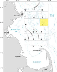 A map showing the location of Quadrangle 12 in the Stellwagen Bank National Marine Sanctuary