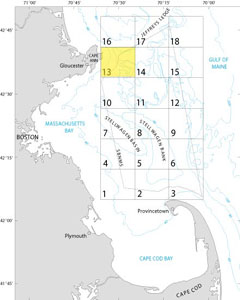 A map showing the location of Quadrangle 13 in the Stellwagen Bank National Marine Sanctuary
