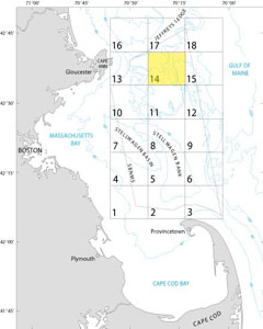 A map showing the location of Quadrangle 14 in the Stellwagen Bank National Marine Sanctuary