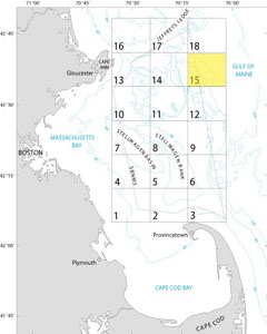 A map showing the location of Quadrangle 15 in the Stellwagen Bank National Marine Sanctuary