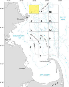 A map showing the location of Quadrangle 16 in the Stellwagen Bank National Marine Sanctuary