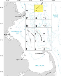 A map showing the location of Quadrangle 17 in the Stellwagen Bank National Marine Sanctuary