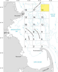 A map showing the location of Quadrangle 18 in the Stellwagen Bank National Marine Sanctuary