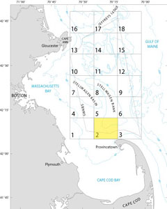A map showing the location of Quadrangle 2 in the Stellwagen Bank National Marine Sanctuary