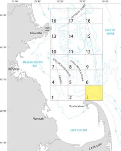 A map showing the location of Quadrangle 3 in the Stellwagen Bank National Marine Sanctuary