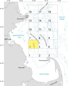 A map showing the location of Quadrangle 4 in the Stellwagen Bank National Marine Sanctuary