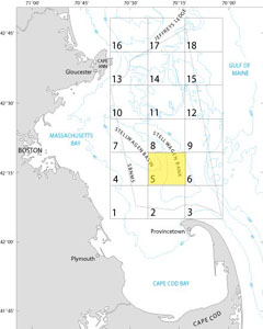 A map showing the location of Quadrangle 5 in the Stellwagen Bank National Marine Sanctuary