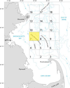 A map showing the location of Quadrangle 7 in the Stellwagen Bank National Marine Sanctuary