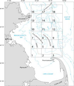A map showing the quadrangles within the Stellwagen Bank National Marine Sanctuary