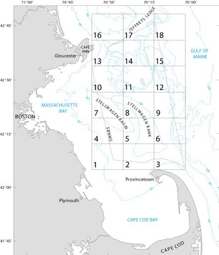 a map showing the quadrangle locations for Stellwagen Bank National Marine Sanctuary