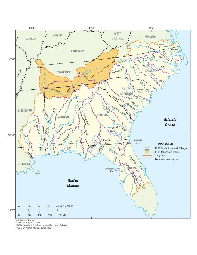 Figure 1. Locations of the South Atlantic - Gulf and Tennessee Hydrologic Regions in  the Southeastern United States