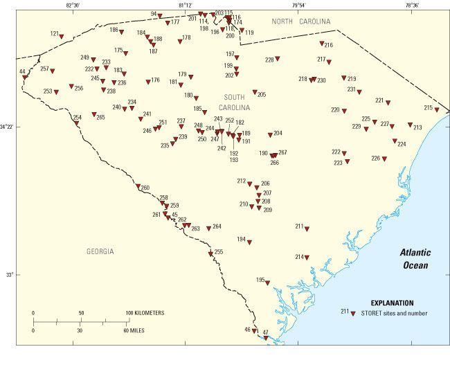 Figure 3A. Locations of the water-quality monitoring sites in South Carolina for which selected chemical constituent data were retrieved from the U.S. Environmental Protection Agency Storage and Retrieval database and used in the temporal trend analyses