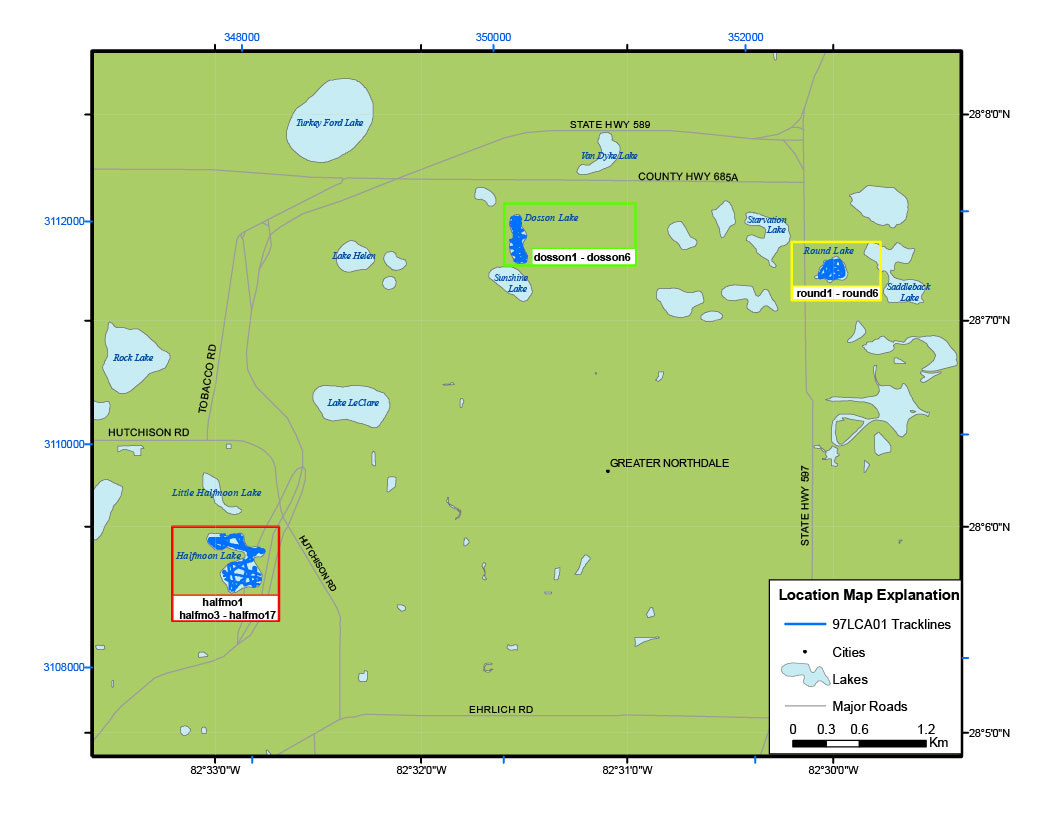 Location map of digital boomer sub-bottom data collected during USGS Field Activity 97LCA01. This map was created at a scale of 1:34,000. Refer to the Lineage section below for the trackline map creation process.