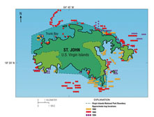 Figure 1. Approximate location of traps censused around St. John by year. (from Garrison and others, 2004). - click to enlarge
