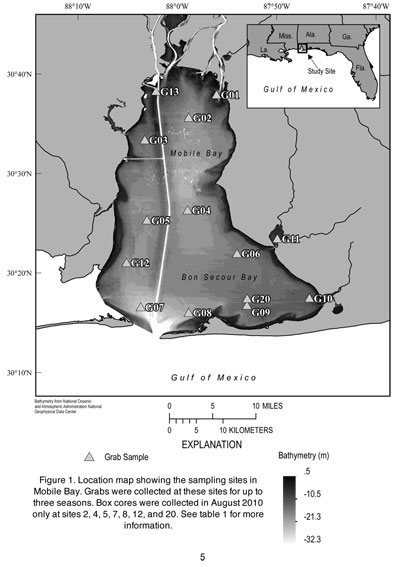 Location map showing the sampling sites in Mobile Bay.