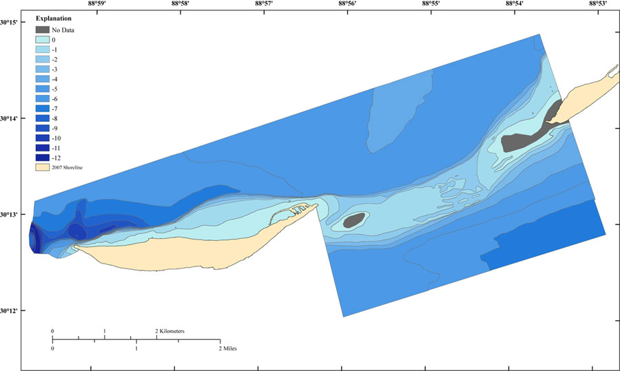 Single-beam bathymetric data as 1-meter labeled color contours