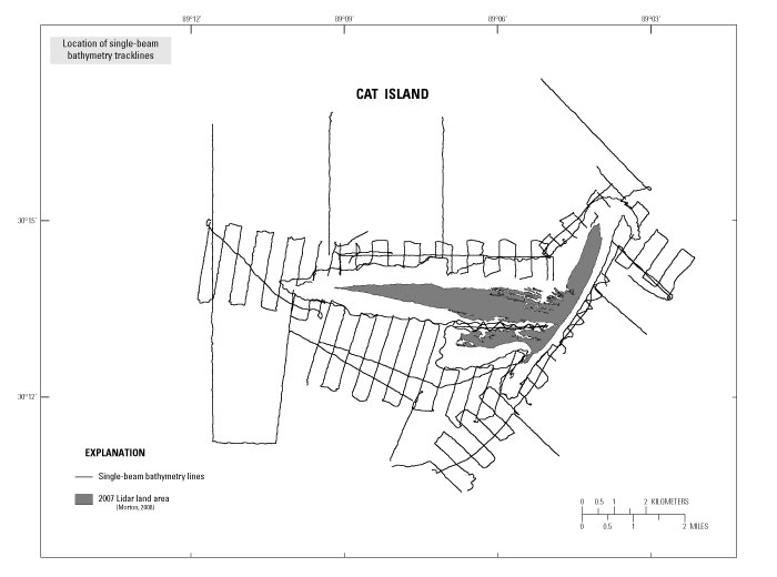 Thumbnail image showing downloadable single-beam bathymetry boat tracklines surveyed around Cat Island