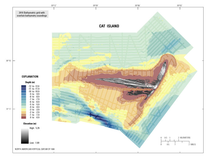 Image showing 50 m bathymetry grid and color classified bathymetric soundings from survey of Cat Island.
