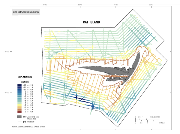 Image showing color classified bathymetric soundings from survey of Cat Island.