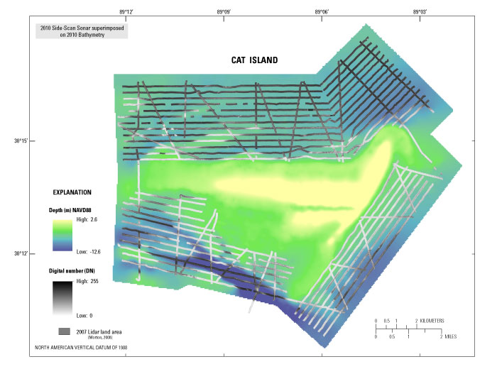 Image showing 50 m bathymetry grid with side scan sonar grid of Cat Island.