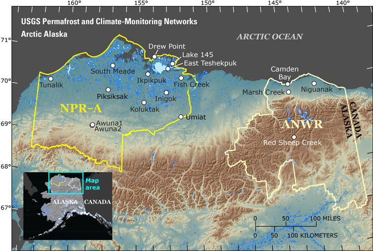 Map of U.S. Department of the Interior/Global Terrestrial Network for Permafrost (DOI/GTN-P) climate monitoring array in Arctic Alaska.