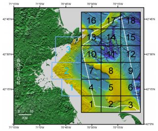 Figure 1a.  Boundaries of Stellwagen Bank and western Massachusetts Bay map series quadrangles superimposed on shaded relief topography.