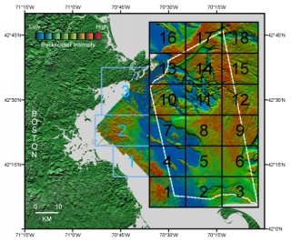 Figure 1b.  Boundaries of Stellwagen Bank and western Massachusetts Bay map series superimposed on backscatter intensity over shaded relief topography.