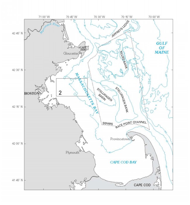 Figure 3.  Boundaries of Stellwagen Bank and western Massachusetts Bay.