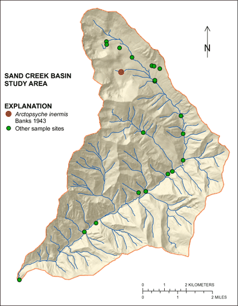Figure showing the distribution of Arctopsyche inermis in the Sand Creek Basin