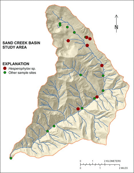 Figure showing the distribution of Hesperophylax sp. in the Sand Creek Basin