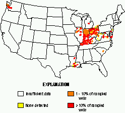Frequency of triazine herbicide detection in counties with ten or more wells