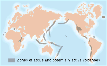 world map showing zones of active and potentially active volcanoes