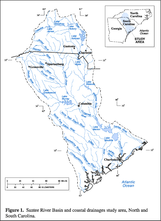 Figure 1  - Santee River Basin and coastal drainages study area, North and South Carolina