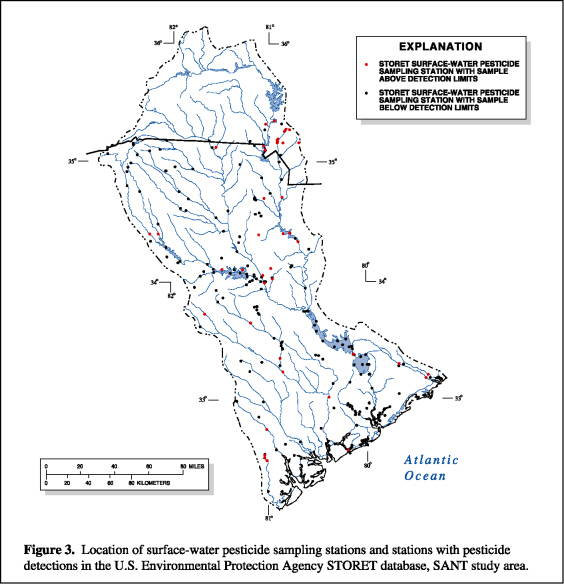 Figure 3 - Location of surface-water pesticide sampling stations and stations with pesticide detections in the U.S. Environmental Protection Agency STORET database, SANT study area.
