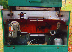 B. Photograph showing inside an equipment shelter.