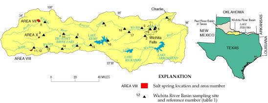 Figure 1. Map showing sampling sites and salt spring areas in the Wichita River Basin, Texas, 1996–97 .