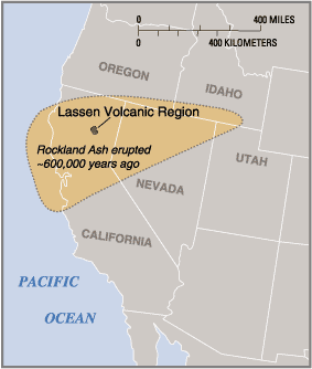 map showing ash fall from volcanic eruptions in the Lassen region of northern California 60,000 years ago