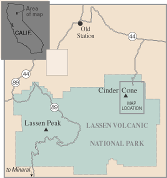 map showing location of Cinder Cone in Lassen Volcanic Park, northern California