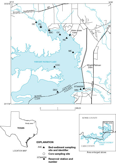 Figure 1. Map showing location of Wright Patman Lake and bed-sediment and core-sampling sites.