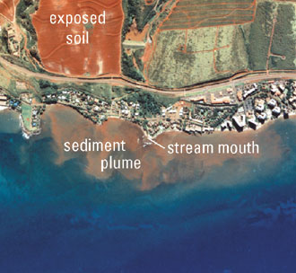 aerial photo of western coast of Maui showing sediment plume