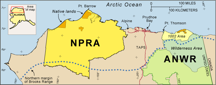 map showing the relative sizes of NPRA and ANWR in Alaska